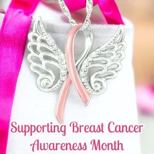 Angel Ribbon Heart Pendant Necklace supporting l Breast Cancer Awareness